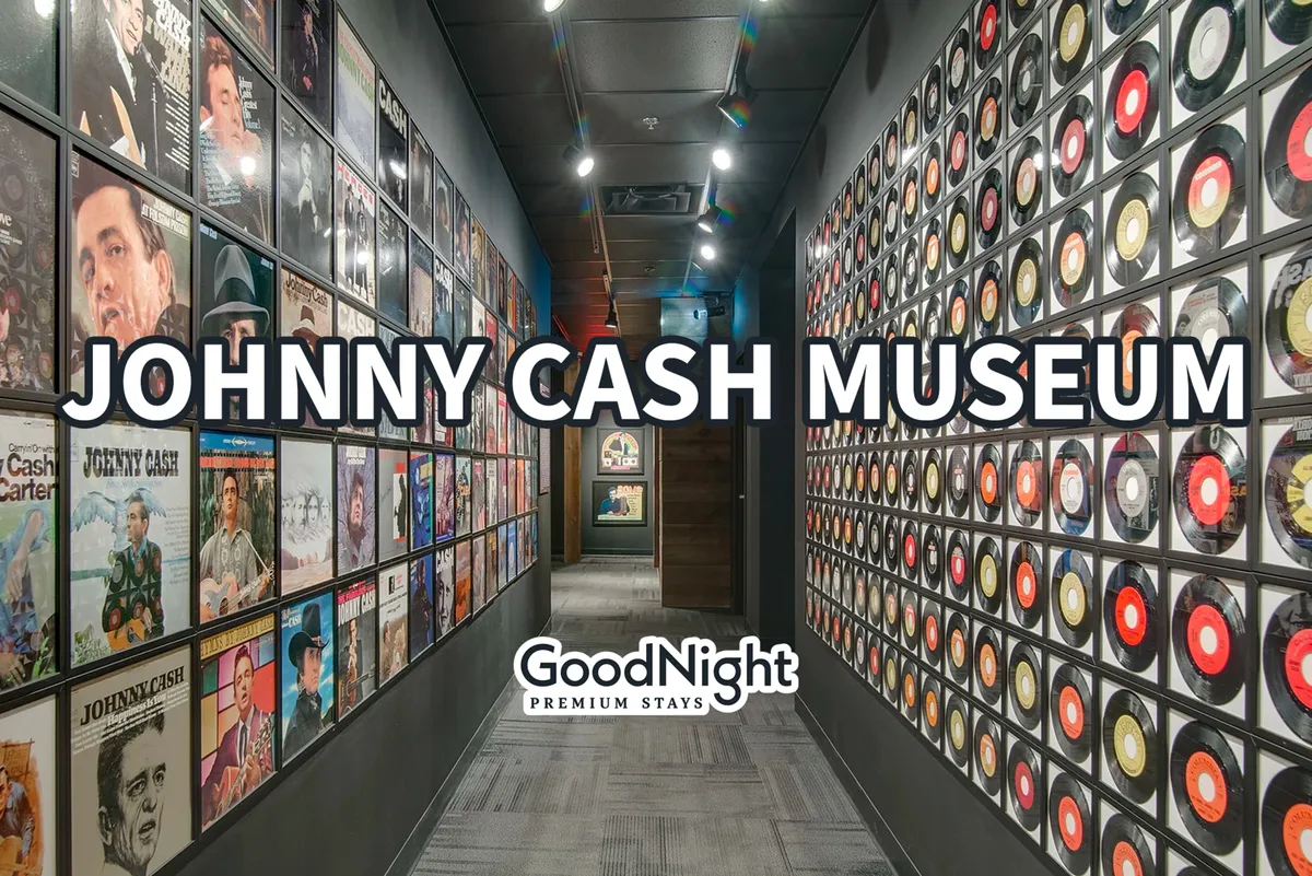 A vibrant museum entrance with walls lined with album covers and records, evoking a sense of music history and discovery. The space feels engaging and celebrates Nashville's legendary music culture.