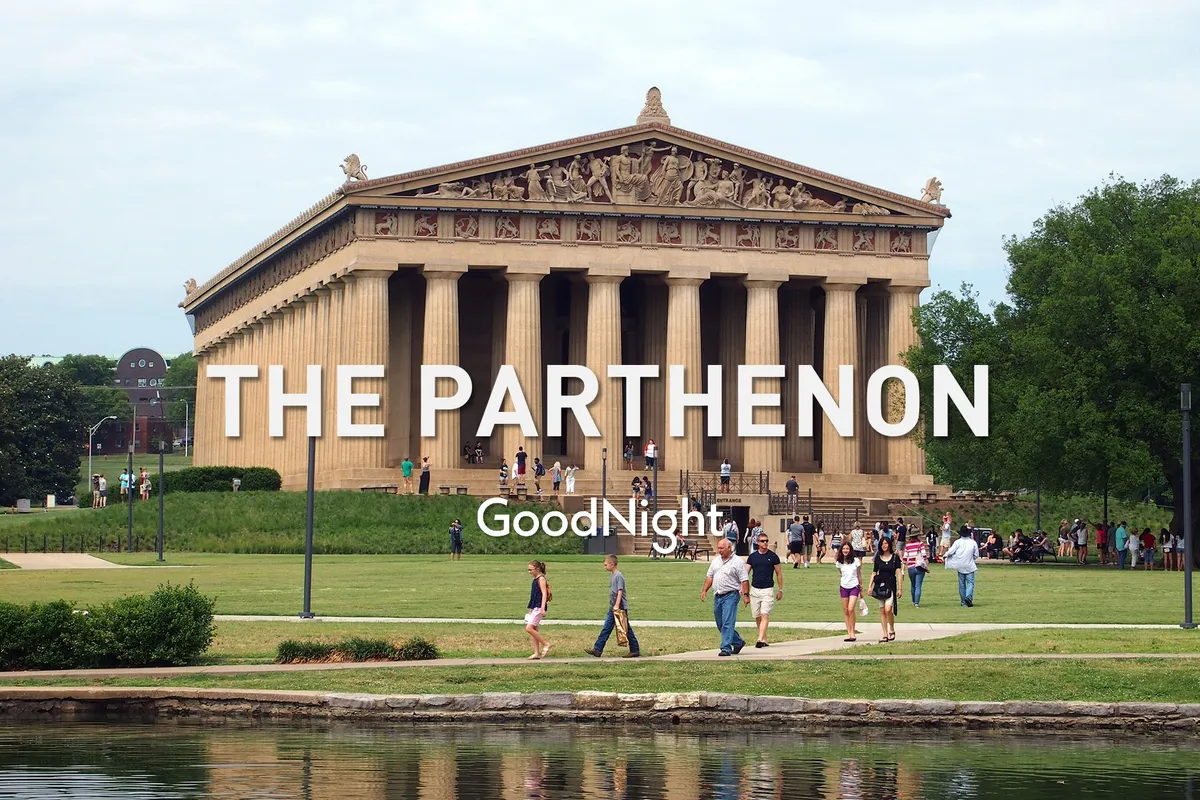 The Parthenon in Centennial Park, with visitors strolling around the grand structure and lush green space, conveys an inviting atmosphere perfect for group outings, picnics, and leisurely exploration.